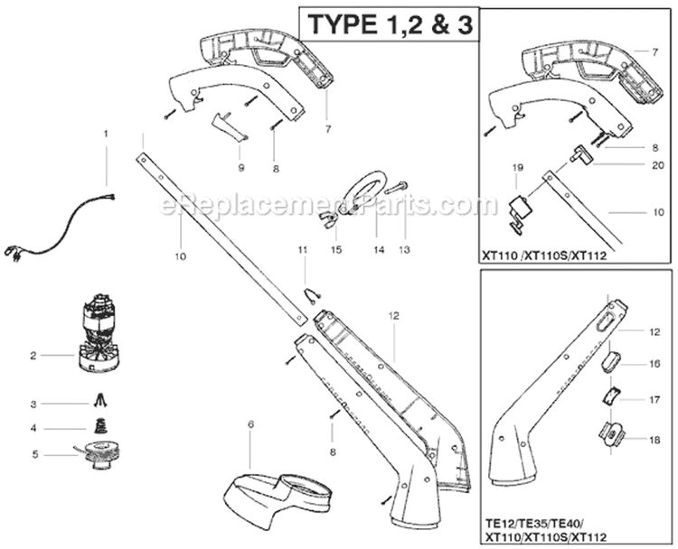 Page A Diagram and Parts List for XT110S Type 3 Weed Eater Trimmer